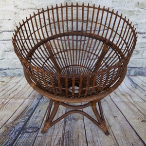 Vintage In Style of Franco Albini &quot;Fish Trap&quot; Table with Bamboo Base and glass top /Plant Stand