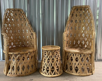 Set of 2 Vintage Wicker Medium Size Peacock Chairs (King & Queen) + small table (Contact us with your zip code for shipping quote).