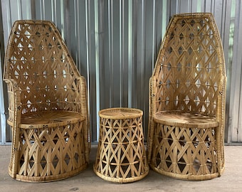 Set of 2 Vintage Wicker Medium Size Peacock Chairs (King & Queen) + small table