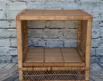 Vintage Wicker Nightstand: Boho Plant Stand End Table (Contact us with your zip code for shipping quote).