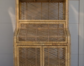 Vintage Rattan Cabinet/ Wicker Hutch/Etagere Shelving Cabinet/Bookcase (Contact us with your zip code for shipping quote).