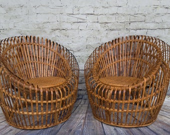 Vintage MCM Rattan Barrel Chairs Set of 2