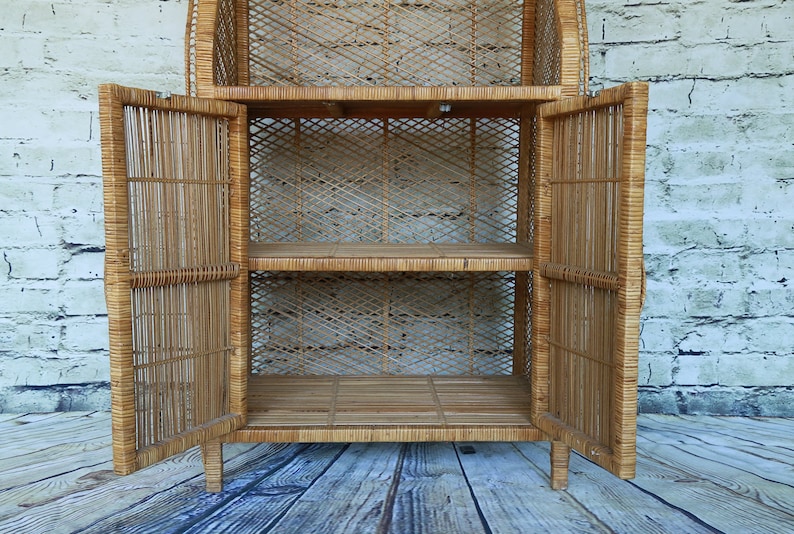 SHIPPING NOT FREE!!!Vintage Rattan Cabinet Wicker HutchEtagere Shelving CabinetBookcase