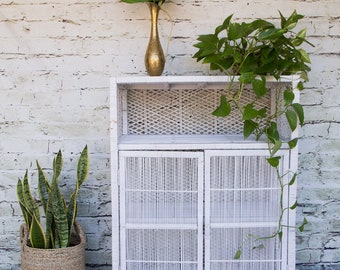 Vintage Wicker Dresser/ Wicker cabinet/Bookcase/ Bookshelf, painted white.