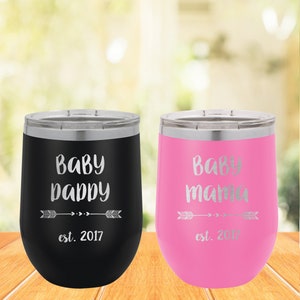 Baby Daddy & Baby Mama Stainless Steel Wine Tumbler Set of 2-New Parent Gift-Gift for her/him-Expectant Parents