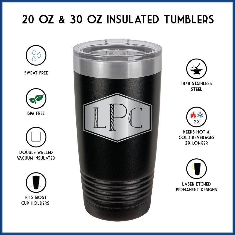 May include: Black insulated tumbler with a silver lid and a silver hexagonal design with the letters "LPC" inside. The tumbler is 20 ounces or 30 ounces and is double-walled and vacuum insulated. It is sweat-free, BPA-free, and keeps beverages hot or cold for twice as long. The design is laser etched and permanent.