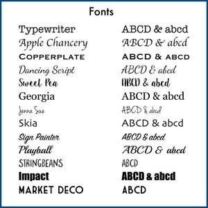 May include: A list of different fonts with the names of each font and a sample of the font in uppercase and lowercase letters. The fonts include Typewriter, Apple Chancery, COPPERPLATE, Dancing Script, Sweet Pea, Georgia, Jenna Sue, Skia, Sign Painter, Playball, STRINGBEANS, Impact, and MARKET DECO.