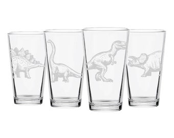 Dinosaur Beer Glasses- Set of 4- Pint - Tyrannosaurus- Stegosaurus- Triceratops- Brachiosaurus- Professionally Engraved- Housewarming Gift