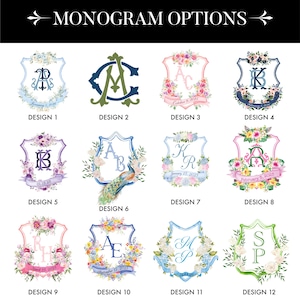 Op de afbeelding: Een selectie van monogramopties, elk met een uniek ontwerp. Ontwerpen omvatten bloemstukken, wapenschilden en gepersonaliseerde initialen met data. De tekst "MONOGRAM OPTIES" staat bovenaan.