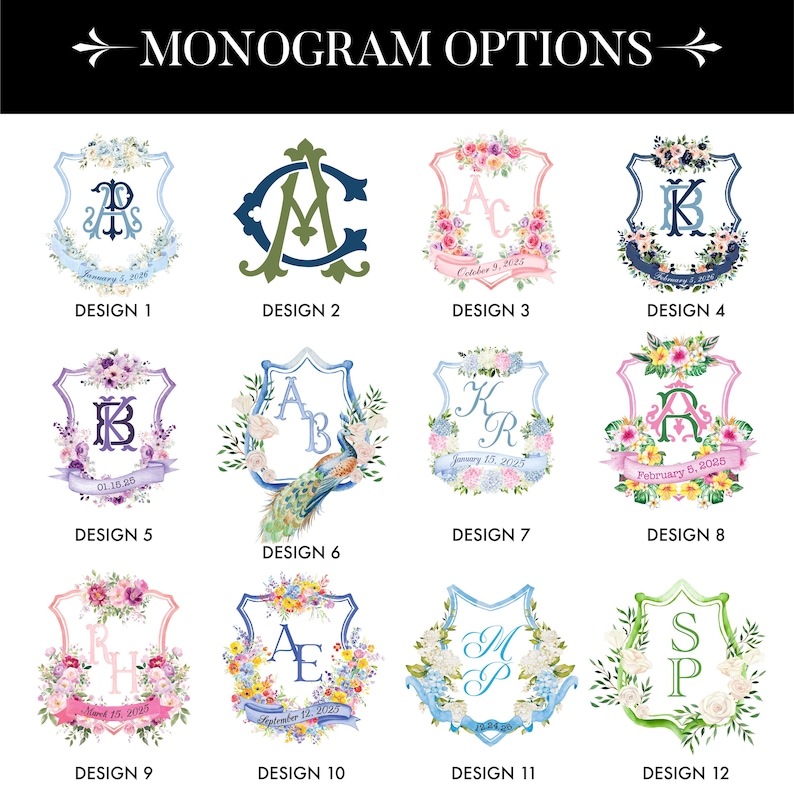 Op de afbeelding: Een selectie van monogramopties, elk met een uniek ontwerp. Ontwerpen omvatten bloemstukken, wapenschilden en gepersonaliseerde initialen met data. De tekst "MONOGRAM OPTIES" staat bovenaan.
