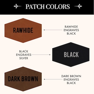 May include: A color chart titled PATCH COLORS displaying three hexagonal patches. The rawhide patch engraves black, the black patch engraves silver, and the dark brown patch engraves black. Each patch is labeled with its color and engraving result.