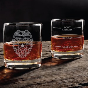 Personalized Police Officer Whiskey Glass: Etched Emblem, Funny Design