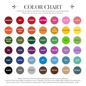 May include: Color chart with 36 different color swatches, each with a name. The colors are arranged in rows and columns, with the names of the colors listed below each swatch. The chart is intended for customizing the print on white golf balls.