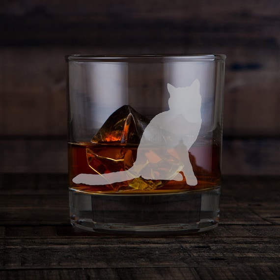 Etched Cat Old Fashioned Glass - Laser Engraved Whiskey Glass