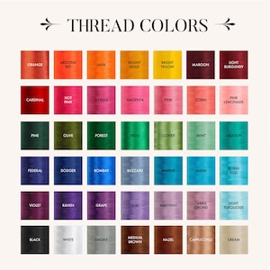 May include: A chart of thread colors with names for each color. The colors are arranged in rows and columns. The colors include orange, cardinal, pine, federal, violet, black, arizona sky, hot pink, olive, dodger, raven, white, lava, azalea, forest, bombay, grape, smoke, bright gold, magenta, frog, blizzard, lilac, medium brown, bright yellow, pink, clover, marine, amethyst, hazel, maroon, coral, mint, aqua, tabriz orchid, cappuccino, light burgundy, pink lemonade, lagoon, robin egg, light turquoise, cream.