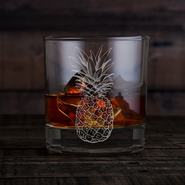 Pineapple Rock Glass- Set of 2 or 4 -Old Fashioned Glass -Laser Engraved Etched Glasses