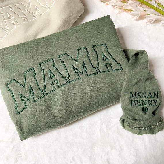 Embroidered Personalized Mama Sweatshirt with Kid Name on Sleeve Mothers Day Gift Birthday Gift Mom New Mom Gift Minimalist Cool Mom Sweater