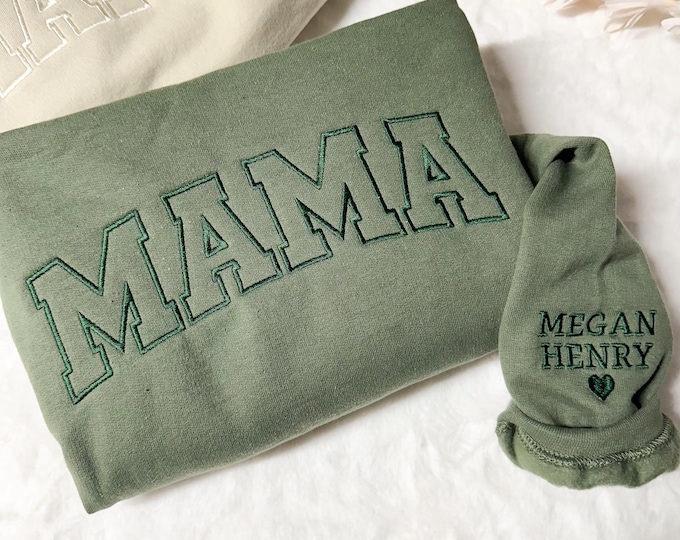 Embroidered Personalized Mama Sweatshirt with Kid Name on Sleeve Mothers Day Gift Birthday Gift Mom New Mom Gift Minimalist Cool Mom Sweater
