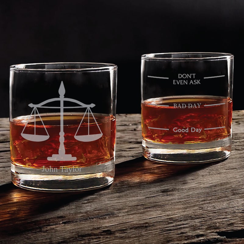 Personalized Lawyer Whiskey Glass, Old Fashioned Glass, Funny Personalized Etched Glasses, Gift for Lawyer, Gift for Judge, Scales of Justice