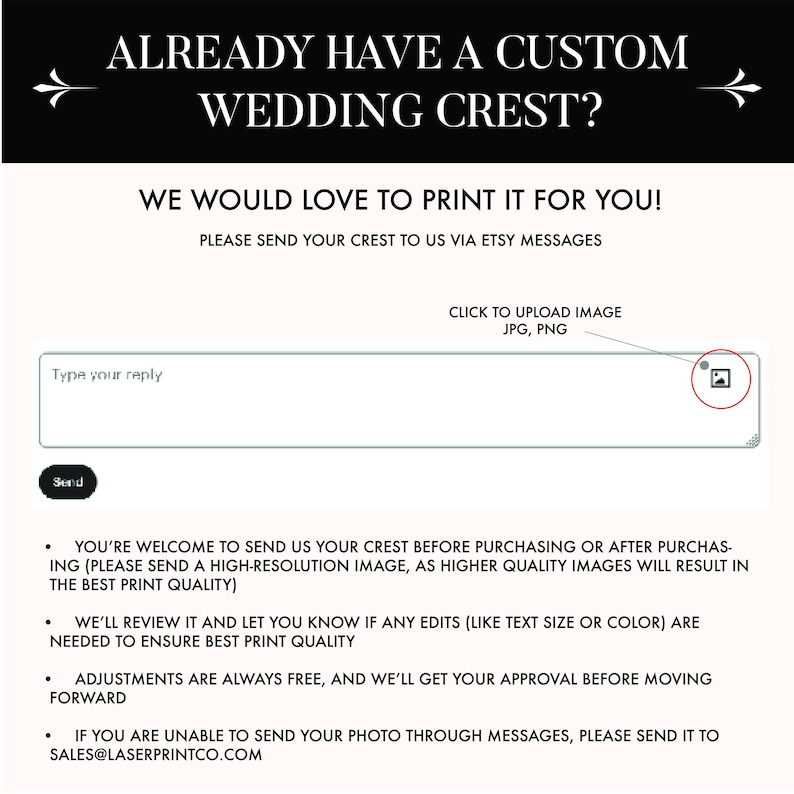 Op de afbeelding: Afbeelding met de tekst "AL EEN AANGEPASTE BRUILOFTKAM?" en "WIJ DRUKKEN HET GRAAG VOOR U!". Instructies over het verzenden van het kam via Etsy-berichten zijn inbegrepen. Er is ook een prompt om een afbeelding te uploaden.