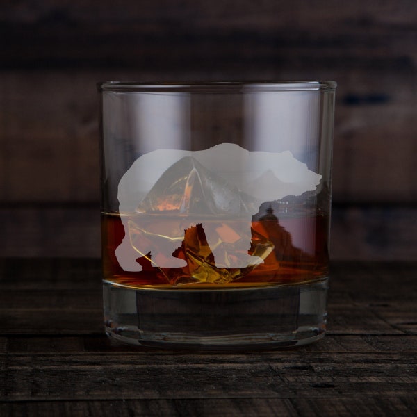 Bear Rock Glass- Set of 2 or 4 -Old Fashioned Glass -Laser Engraved Etched Glasses