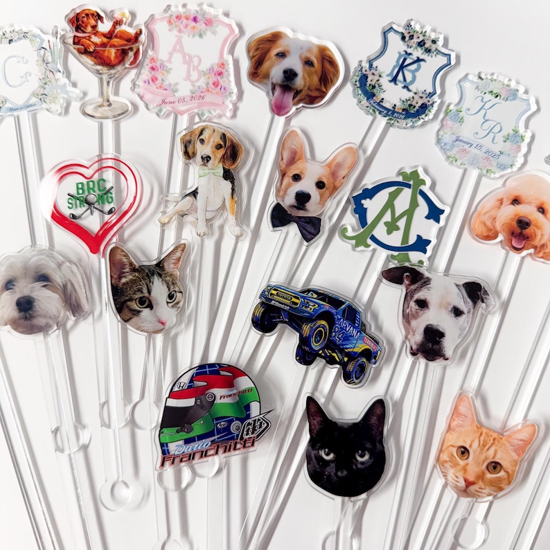 Op de afbeelding: Een verzameling heldere acryl cocktailroerstaafjes met verschillende huisdierportretten, waaronder honden en katten, en andere ontwerpen. Sommige roerstaafjes hebben decoratieve elementen zoals bloemenwapens en een raceautohelm.