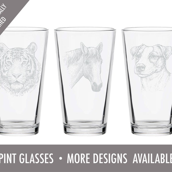 Animal Beer Glasses- Professionally Etched Pint Glasses- Choice of 1- Animal Lovers- Dog Lovers- Tiger-Elephant-German Shepherd- Wolf