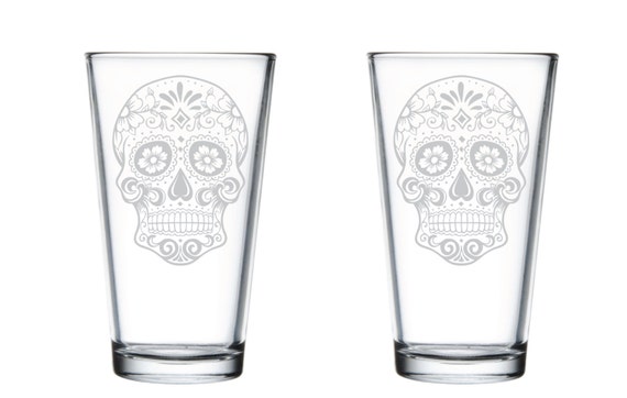 Sugar Skull Tumbler Glass Gift for Couple Mother/'s Day Present Etched Glass Drinking Mixing Glass 2 Day of the Dead Pint Glasses