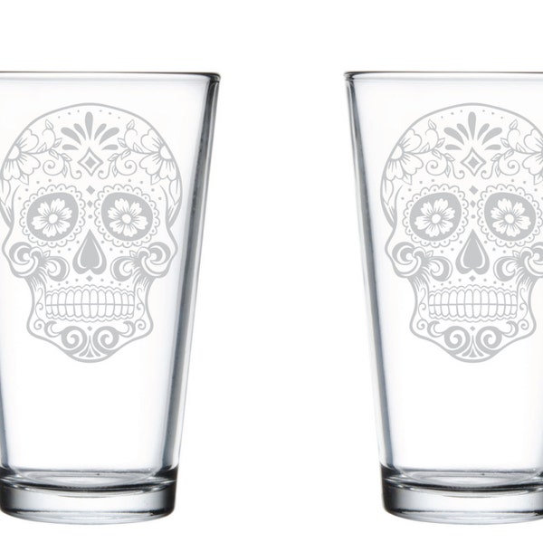 Sugar Skull- Pint Glass- Set of 2- Day of the Dead-Gift