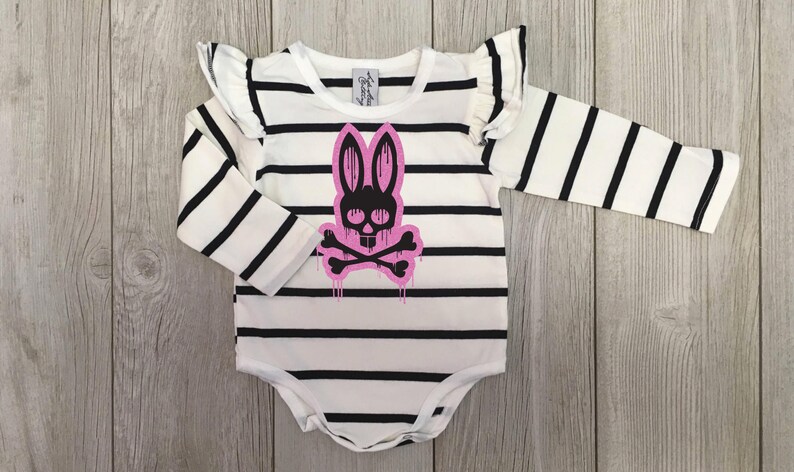 Black and white stripe long sleeve bodysuit with dripping bunny and cross bones hand printed baby girls Easter punk toddler leotard