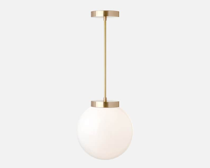 Glass Globe 10 Pendant Light with Stem Solid Brass, Hand Blown Glass, Minimal, Modern, Mid-Century, Industrial, Period Lighting, Vintage image 2