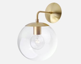 Mid Century Modern Clear Glass Globe Wall Sconce Light 8" - Solid Brass, Minimal, Industrial, Vintage