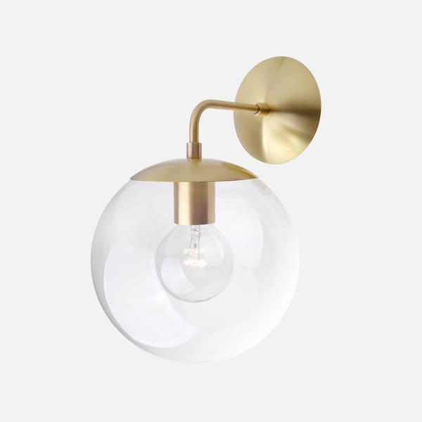 Mid Century Modern Clear Glass Globe Wall Sconce Light 8" - Solid Brass, Minimal, Industrial, Vintage