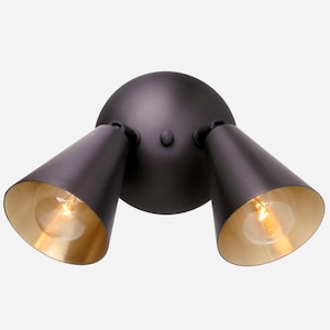 Mid Century Modern Wall Sconce Light Two Cone Shade - Black Brass, Minimal, Lamp, Kitchen, Bathroom, Vanity, Bedside, Night Stand, Vintage