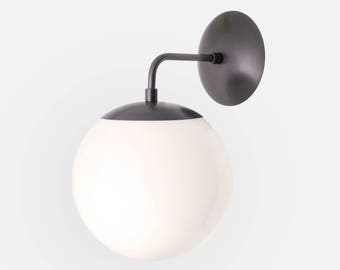 Mid Century Modern Opal Glass Globe Wall Sconce Light 8&quot; - Black Brass, Minimal, Industrial, Vintage