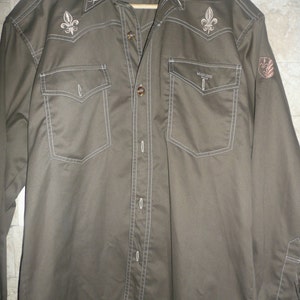 Vintage Western haki 1970&#39;s  cotton Polyester Shirt with Embroidery Medium Large Rockabilly