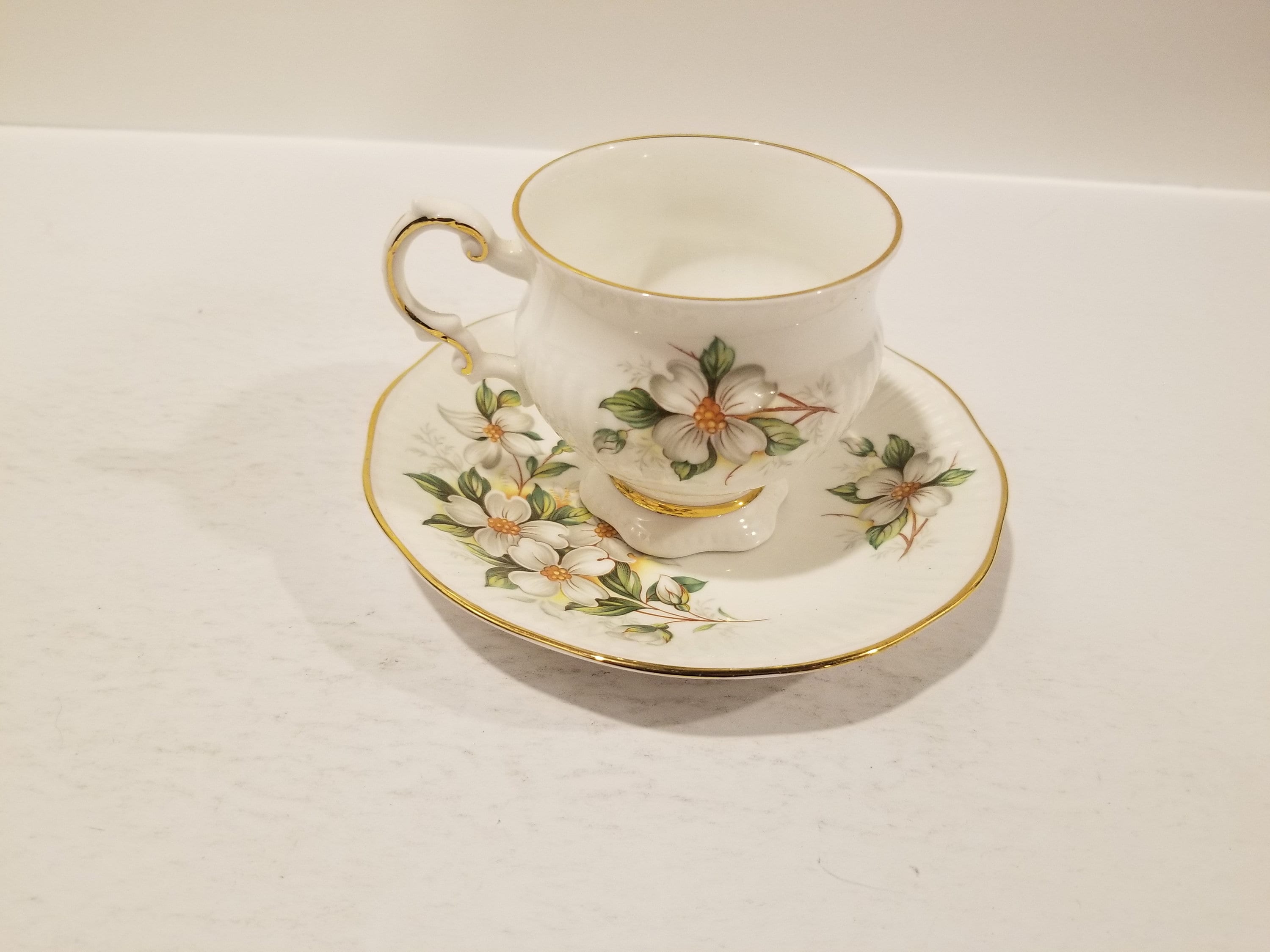 イギリス アンティーク ウッズアイボリー チューリン Dogwood Elizabethan Tea Cup and Saucer England Bone China