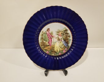 Vintage Royal Victoria Wade Pottery Dinner Collector Plate, azul cobalto con adornos dorados, Inglaterra, años 20