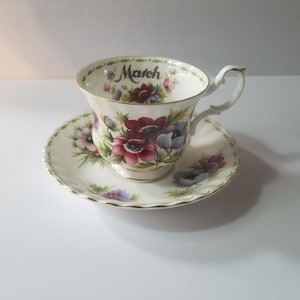 Royal Albert - Flower Of The Month - March - Anemones - Tea Cup & Saucer - Bone China England