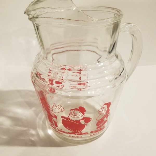 Vintage Disney 1938 "Snow White & The 7 Dwarfs Heavy Glass Pitcher - Rare Red Graphics