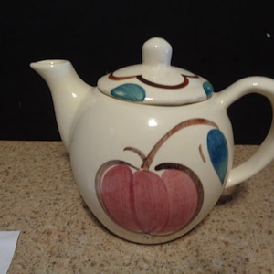 Vintage Stoneware Teapot Apple Pear Hand Painted VGUC