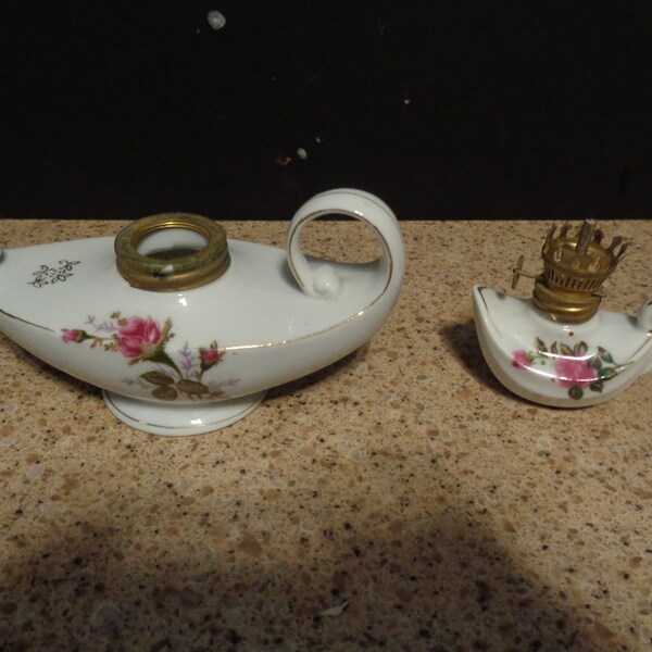 Vintage Mini Genie Ceramic Porcelain Oil Kerosene Lamp Moss Rose Aladdin Parts