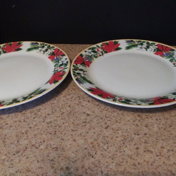 Reduced Gibson Home Everyday Poinsettia  Cheer Holiday 2 Dinner Plates VGUC (Lot A) & Lot B Reduced Jan 2023