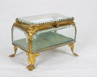 Antique Jewelry Casket, Silk Cushion Beveled Crystal panels,  Gold Ormolu Trim