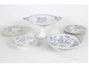 Lavender Transfer-ware, French Antique Sarraguemines Compotier, Cake stand, footed plate, six plates,serving bowl ,and saucers