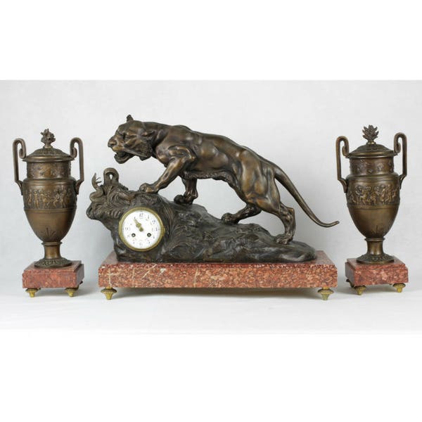 French Mantel Clock and Cassolettes / Garniture (urns) //  Massive French Bronze Mantle Clock // Art Deco Clock