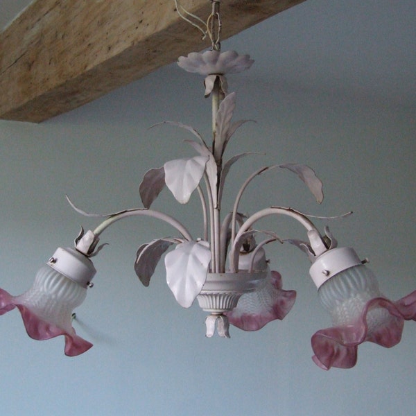 Pink Toleware  Chandelier // Toleware pendant light // Pink Light // Shabby Chic Pink French Toleware light