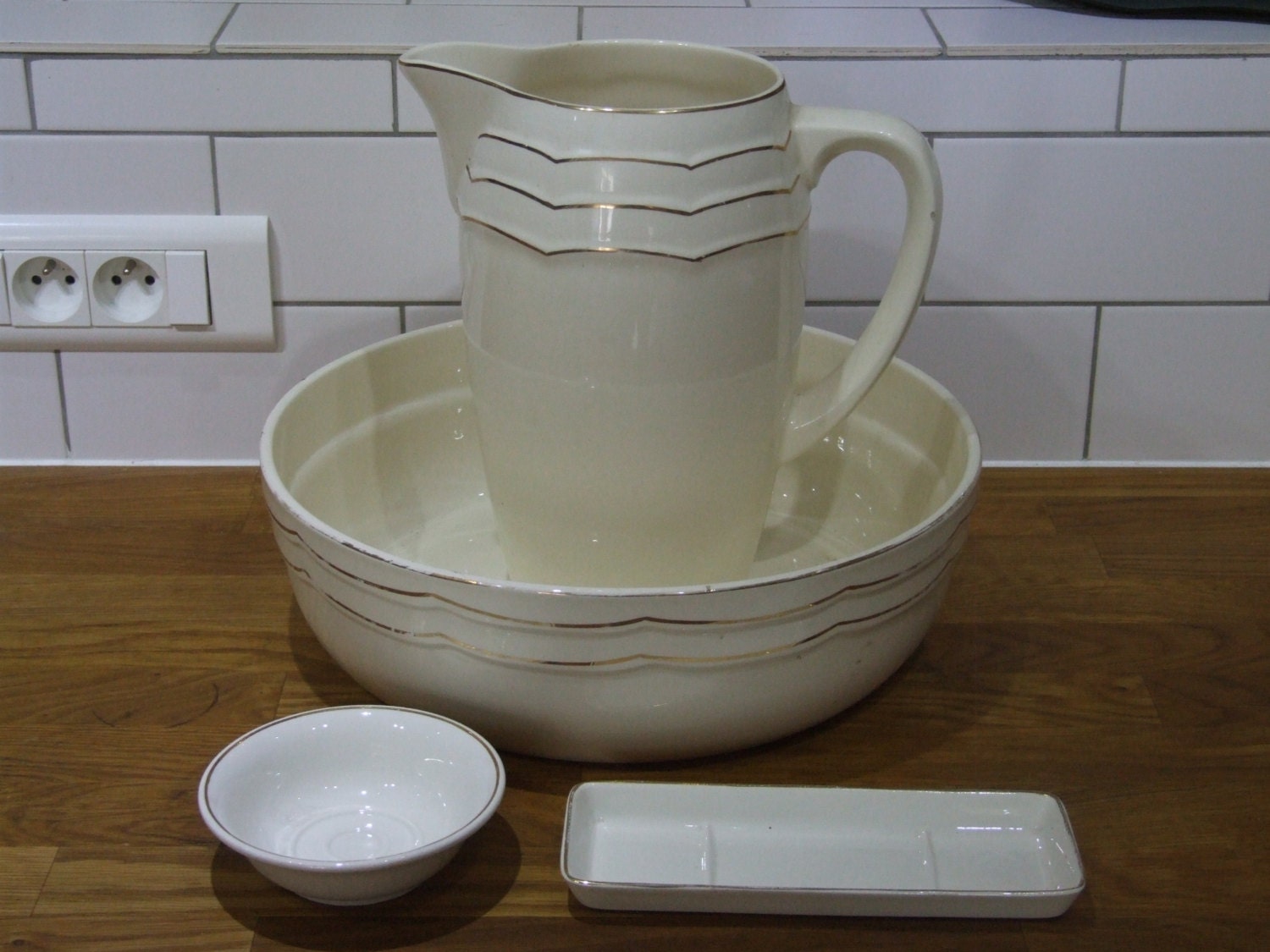 Antique Français Wash Set // Badonviller Cream & Gold Pitcher & Bowl