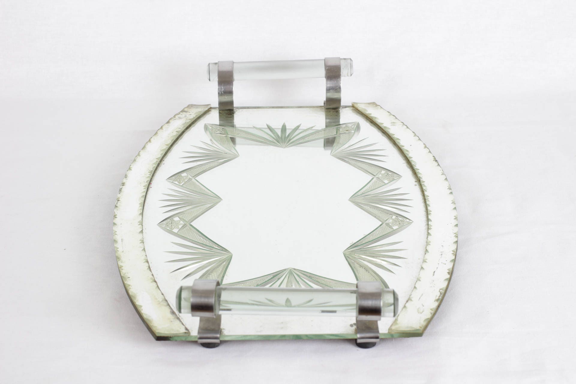 Antique Cut Crystal Mirror Tray // Français Antique Glass Bevelled Edge Mirror Tray