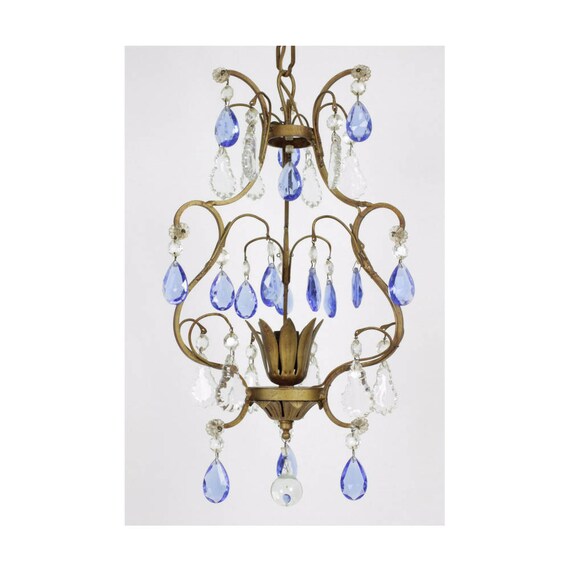 Lustre De Cage Doiseau De Français De Cru Avec Des Cristaux Bleus